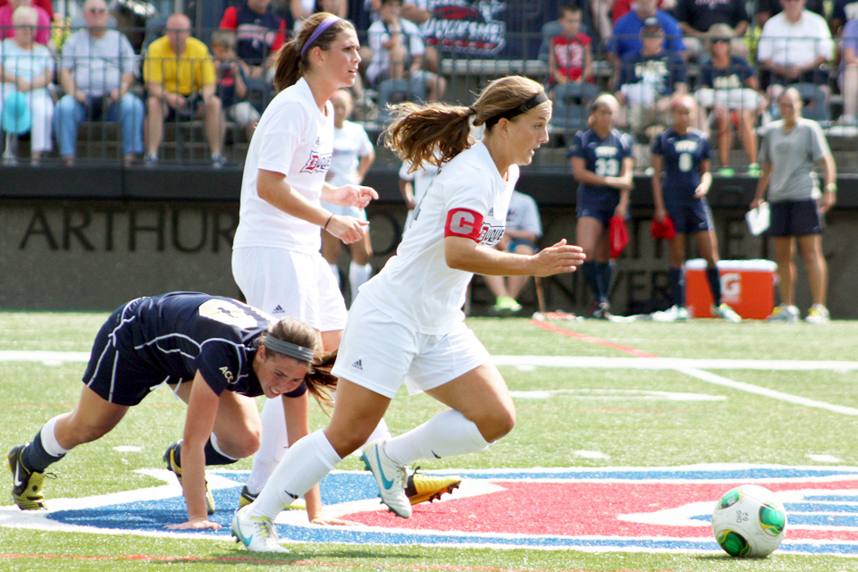 Claire Murray / The Duquesne Duke Junior captain Kahli Hale chases down a ball in women’s soccer team’s 1-0 loss to the University of Pittsburgh Sunday at Rooney Field.