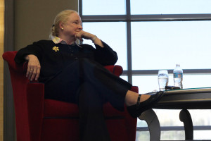 Photo by Aaron Warnick | Photo Editor. Former U.S. Ambassador to the Vatican Mary Ann Glendon ponders a question during a Q&A session Tuesday. She received an award from the law school.