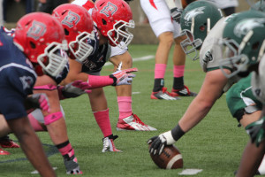 Taylor Miles | The Duquesne Duke The Duquesne football team was among the fall sports teams who participated in Breast Cancer Awarness Month. They wore pink socks and armbands during their game on Oct. 5.