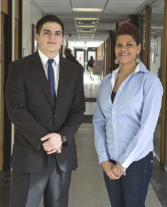 Photo by Aaron Warnick | Photo Editor. SGA presidential candidates Peter Samson (left) and Hally Ramirez (right) pose in the Union. Samson, of the Spirit Party, and Ramirez, of the Trailblazers Party, are campaigning to take office after the elections on Feb. 20. 