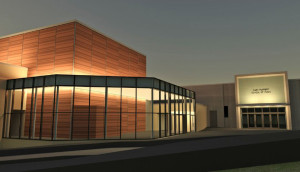 Courtesy photo. An architect’s rendering of the black box theater at night, which will be under construction starting in April.  