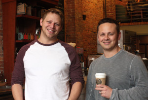 (Claire Murray / Asst. Photo Editor)- Adam, right, and Mike, left, DeSimone stand inside Delanie's Coffee Shop on E. Carson St. It is one of the many businesses they have started as a part of the family company, AMPD group. The name Delanie's is a tribute to oneof Adam's two children. 