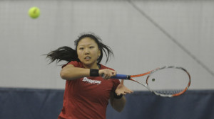Courtesy Photo | Senior Judy Li returns a forehand. She’s helped lead the Dukes to a 3-2 conference record with the Atlantic 10 Championships coming up on April 24.