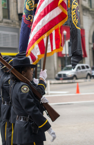(Claire Murray / Photo Editor) Allegheny County Sheriff’s deputies march in formation Saturday. This year’s parade focused on the 50th anniversary of the Freedom Summer. 