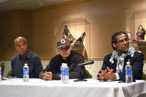Photo by Jen Cardone | The Duquesne Duke. (From left to right) Author John Edgar Wideman, rapper Jasiri X and criminal justice expert Tony Gaskew discuss social justice Friday in the Africa Room. 