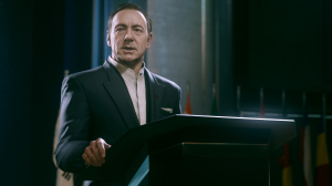 This photo courtesy of Activision shows Kevin Spacey in a scene from the video game, Call of Duty: Advanced Warfare." (AP Photo/Activision)