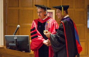 Photo by Claire Murray | Photo Editor. Law school dean Ken Gormley (left) shakes the hand of Costa Rican President Luis Guillermo Solís (right) after giving him an honorary degree Sept. 27.