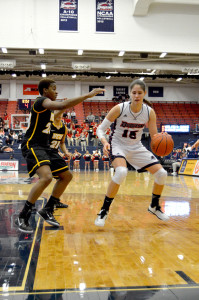 Joseph Guzy / For The Duquesne Duke Sophomore forward Amadea Szamosi looks for a shot in the low post in the Red & Blue’s 83-47 win over VCU. Szamosi scored a team-high 15 points and grabbed eight rebounds in the victory.