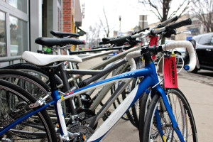 Shanna Harvey / For The Duquesne Duke. Bicycles line the street at Pro Bikes in Oakland waiting for new owners. Duquesne students organized a bicycle club that will take advantage of Pittsburgh’s bike lanes.