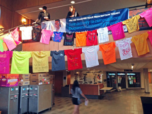 Kaye Burnet | Asst. News Editor. Colorful t-shirts hang on clothes lines in the Union lobby, sporting anti-rape slogans such as “No Means No” and “Put the Red Light on Domestic Violence.” The display is part of Duquesne’s participation in Sexual Assault Awareness Month.
