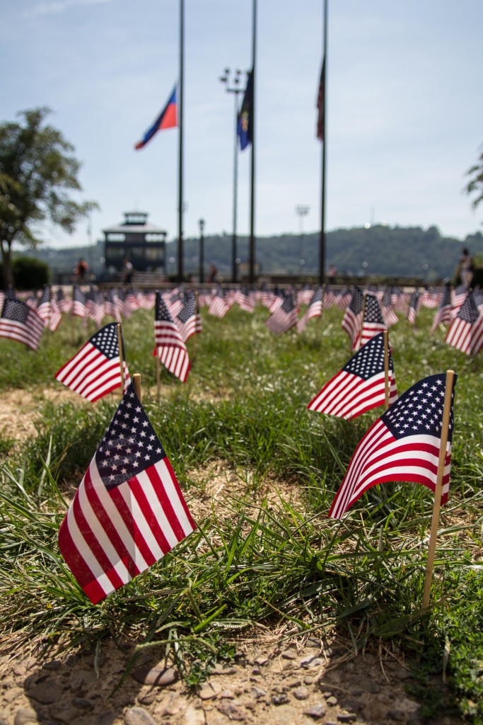 Claire Murray | The Duquesne Duke Hundreds of flags adorn the grass outside College Hall as part of a memorial to the victims of the 9/11 terrorist attack.