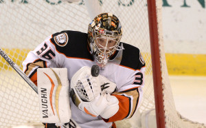 AP Photo - In this Oct. 20, 2014 file photo, Anaheim Ducks goalie John Gibson (36) blocks a shot against the St. Louis Blues in an NHL hockey game in St. Louis. The Ducks announced Monday, Sept. 21, 2015 that Gibson has agreed to a three-year, $6.9 million contract extension with the Anaheim Ducks. The 22-year-old Gibson is considered one of the top young goalies in hockey, and he has won 16 NHL games over the past two seasons with the Ducks. (AP Photo/Bill Boyce, File)
