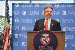 By Julian Routh | Editor-in-Chief Law school Dean Ken Gormley speaks to the media at a press conference Wednesday morning, where he was named as the next president of Duquesne. Gormley is a Pittsburgh native with more than a decade of experience at the university. 