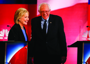 Democratic presidential candidates Hillary Clinton and Sen. Bernie Sanders speak during a break at the NBC, YouTube Democratic presidential debate on Jan. 17. In order for Clinton to beat Sanders, she will need to evaluate what went wrong with her campaign in 2008. 