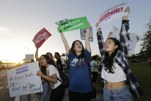 Courtesy of Allyson O’Donnell. Young supporters of Democratic presidential candidate Sen. Bernie Sanders, D-Vt, line the streets outside Miami-Dade College before Wednesday’s debate.