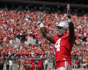 Ohio State running back Curtis Samuel celebrates his touchdown against Bowling Green during the first half of an NCAA college football game Saturday, Sept. 3, 2016, in Columbus, Ohio. (AP Photo/Jay LaPrete)