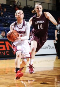 Courtesy of Duquesne Athletics Duquesne point guard Chassidy Omogrosso drives to the hoop against the Fordham Rams in her freshman season on the Bluff. 