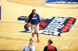 Courtesy of Duquesne Athletics Assistant coach Cherie Lea runs a drill at practice before the start of the 2016-17 Duquesne women’s basketball season. Lea returns to the Bluff after coaching at NCAA Division II Wingate University. 