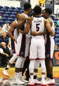 Bry  McDermott | Asst. Photo Editor The Dukes huddle up before a free throw in their exhibition contest. Duquesne will rely heavily on newcomers in the 2016-17 season. 