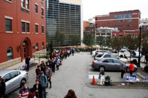 Rachel Strickland | Staff Photographer Polling lines stretch for a block down Washington Place.  Pittsburgh’s Ward 1 District 1, which covers Downtown and the Bluff, voted 69.5 percent in favor of Clinton.