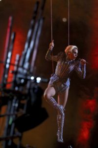 AP Photo Gaga’s performance prominitely featured mid-air singing and 300 drones in the shape of the American flag.