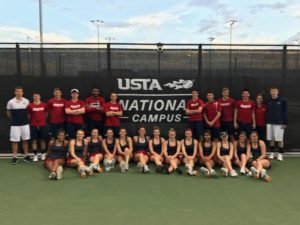 Courtesy of Kylie Isaacs | Duquesne tennis poses for a team photo at the USTA National Campus, where they will fight for an A-10 title.