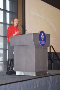 Jordan Miller|Staff Photographer Notre Dame law professor Mary Ellen O’Connell speaks at the lecture in the Power Center Ballroom March 15. She outlined ethical and moral concerns with drones. 