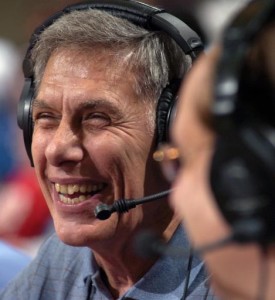 **ADVANCE FOR WEEKEND EDITIONS, FEB. 9-10 ** This photo released by Duquesne University shows Ray Goss doing his post-game show after a Duquesne basketball game in Pittsburgh, Friday, Dec. 21, 2007. No college sports announcer knows losing like Ray Goss knows it. Goss has been the voice of Duquesne University basketball for 40 years, only a few announcers have worked longer at a school, yet he has had only a handful of winning teams to describe. He may have described more losing games than anyone in college sports history. (AP Photo/ Duquesne University/Dave DeNoma)