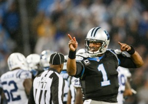 AP Photo Carolina Panther's quarterback Cam Newton celebrates during a 2015-16 matchup with the Indianapolis Colts.