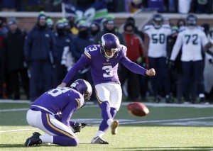 AP Photo - Minnesota Vikings kicker Blair Walsh (3) misses a field goal during the second half of an NFL wild-card football game against the Seattle Seahawks, Sunday, Jan. 10, 2016, in Minneapolis. The Seahawks won 10-9. (AP Photo/Jim Mone)