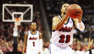 Courtesy of Duquesne Athletics  Former forward Jeremiah Jones prepares to shoot a free throw in the 2015 City Game versus the University of Pittsburgh at Consol Energy Center. The Dukes dropped the rivalry game 96-75, but went 10-2 in nonconference play before Jones suffered a season-ending ACL tear. 