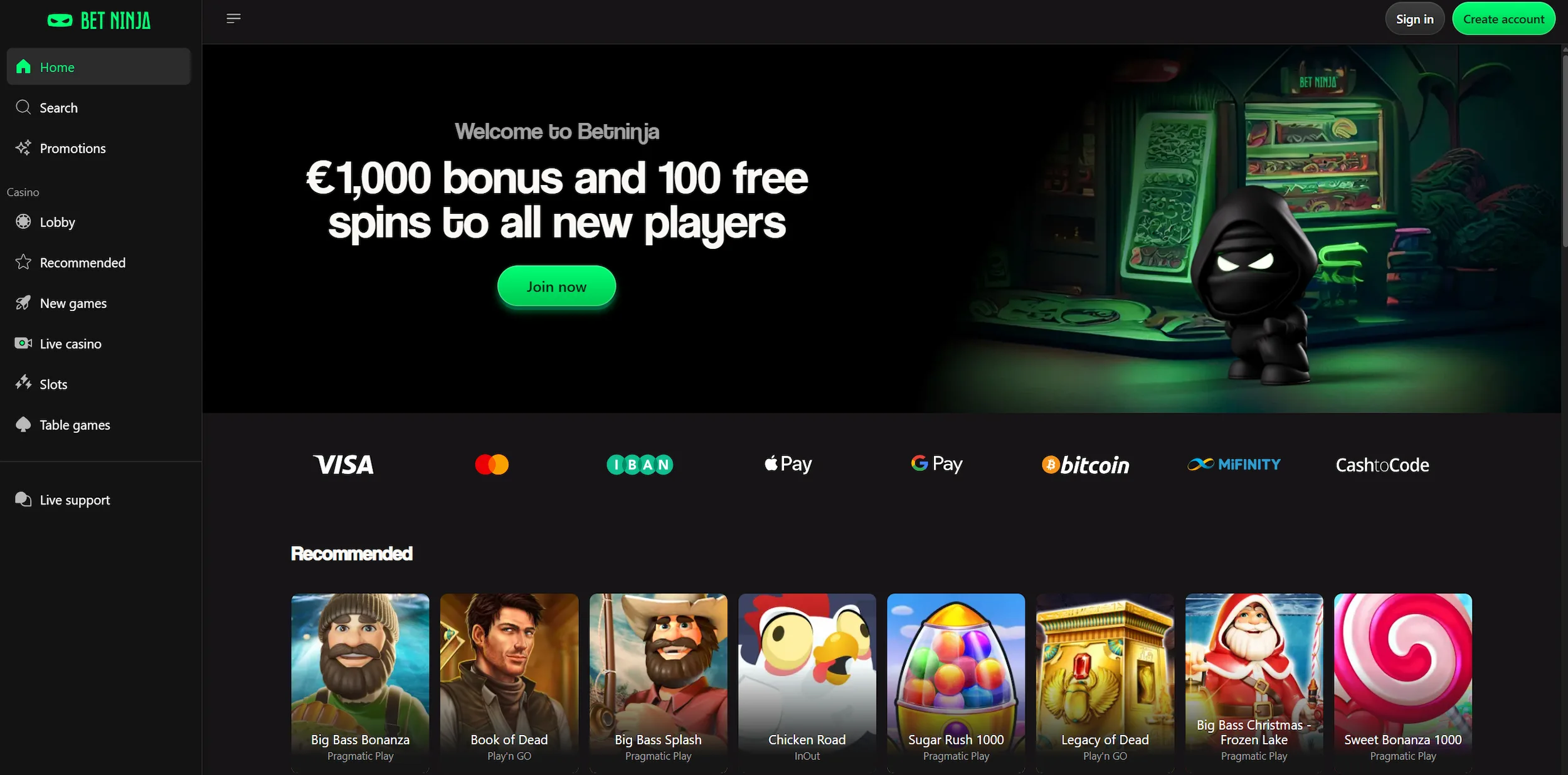 BetNinja casino frontpage displaying welcome offer, recommended online pokies and site navigation