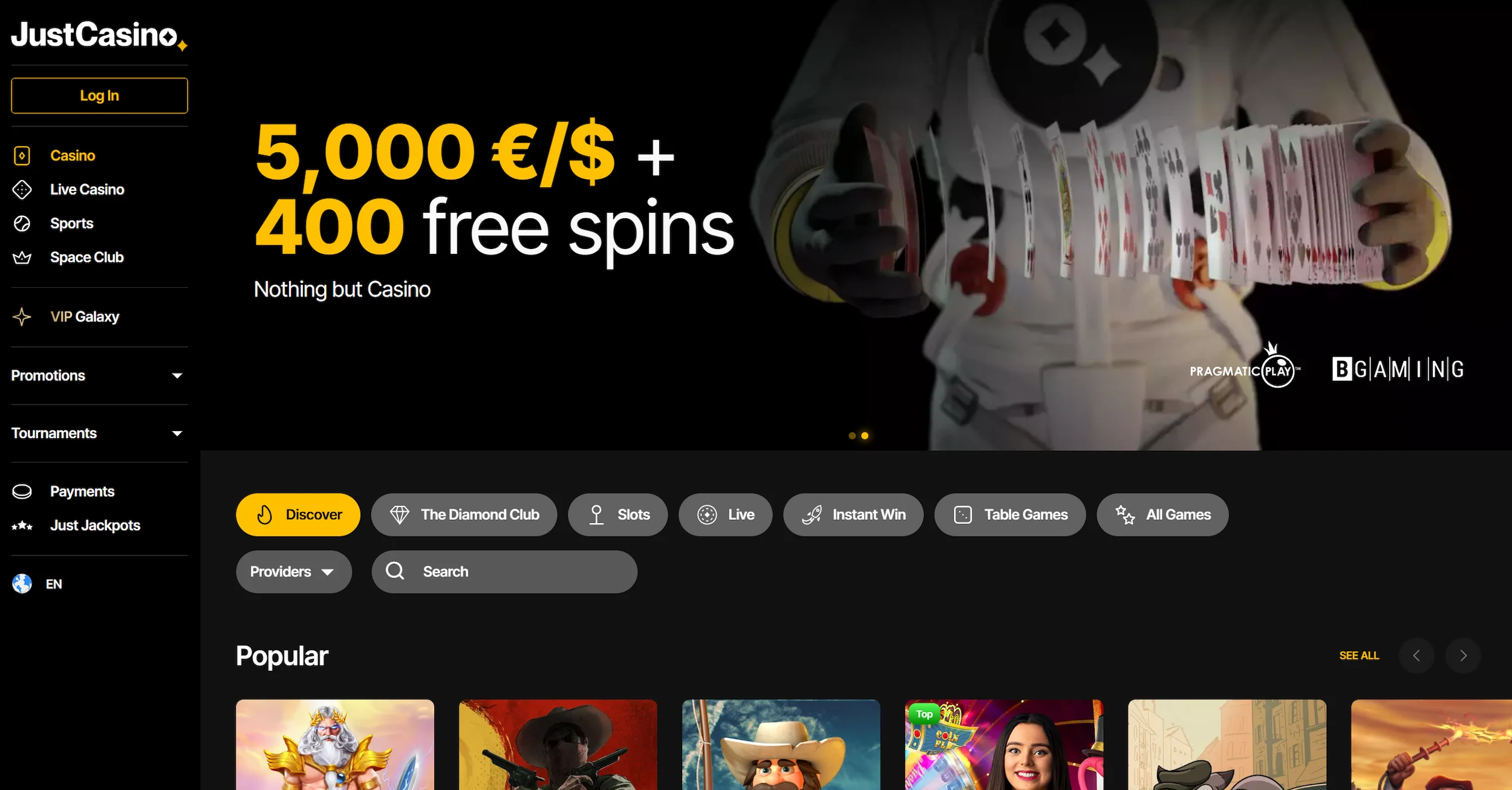 JustCasino frontpage displaying bonus offer, online pokies and site navigation