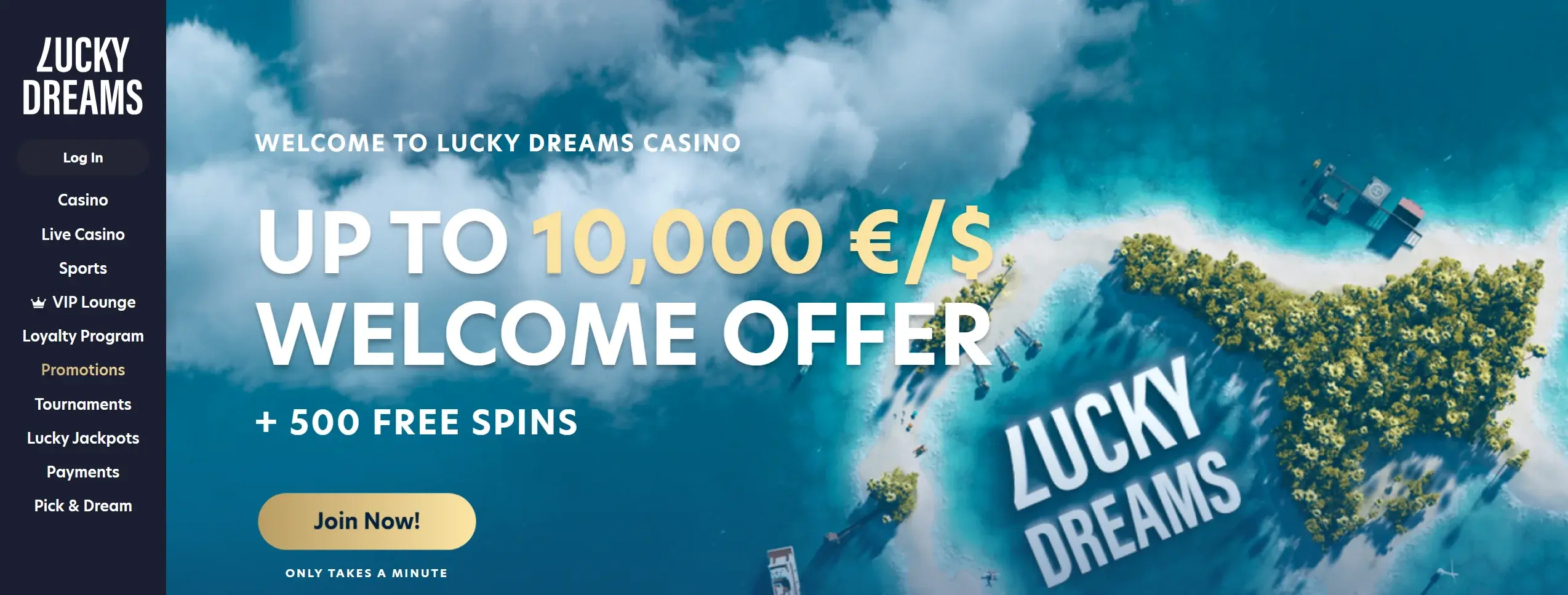 Lucky Dreams casino frontpage displaying welcome offer and site navigation