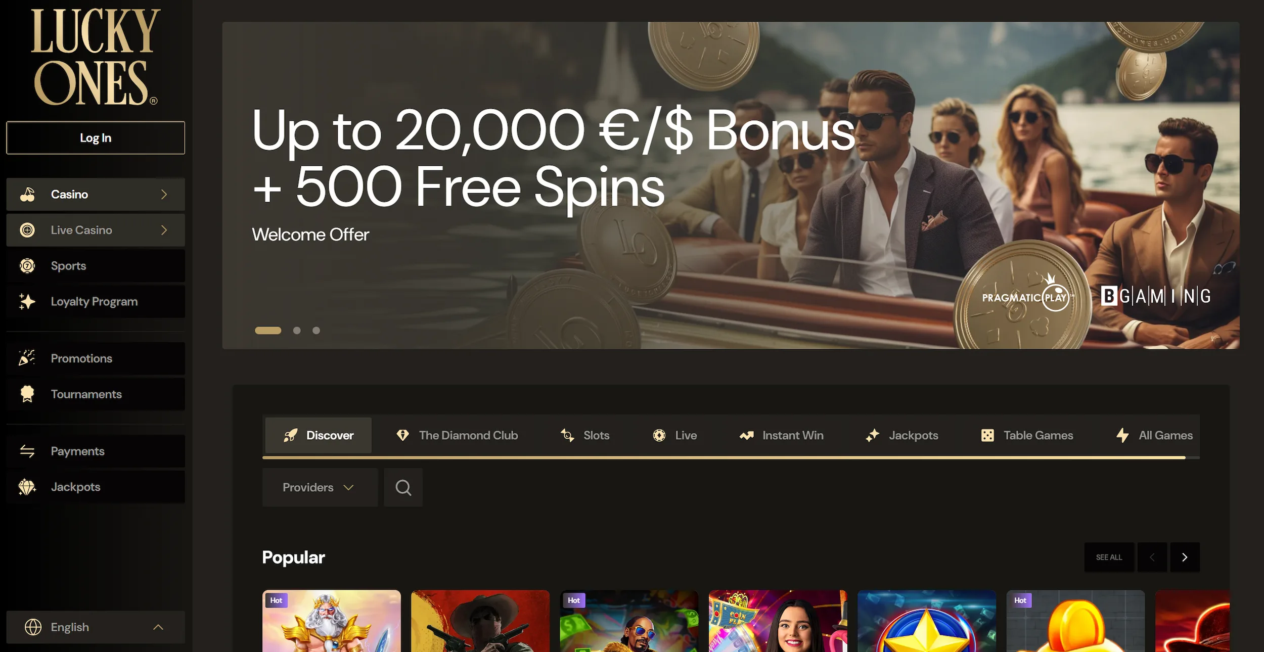 LuckyOnes casino frontpage displaying welcome offer, popular online pokies and site navigation
